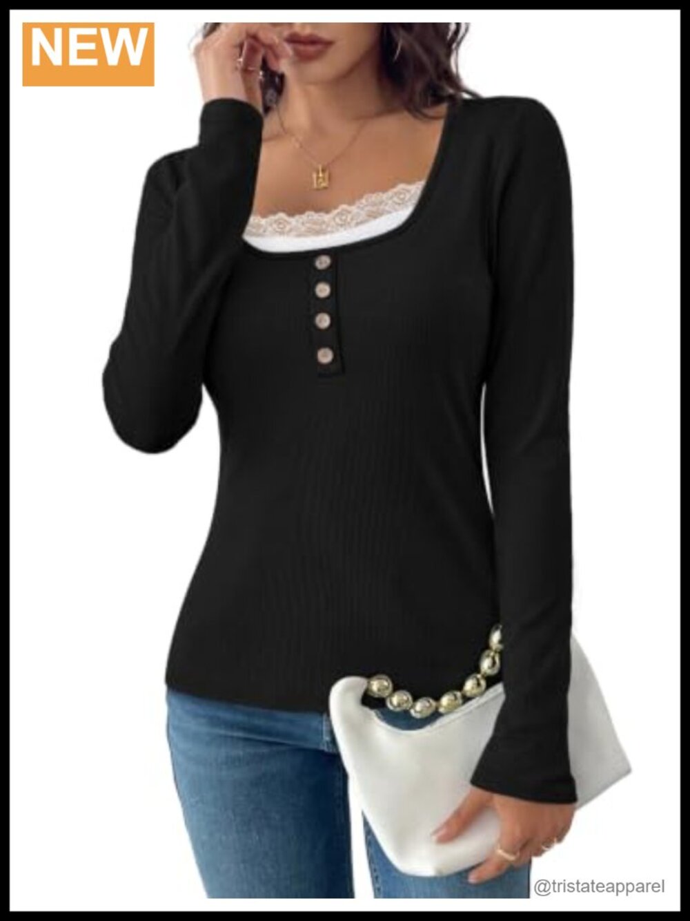 Womens Ribbed Long Sleeve Lace Trim Scoop Neck Top Casual Fall